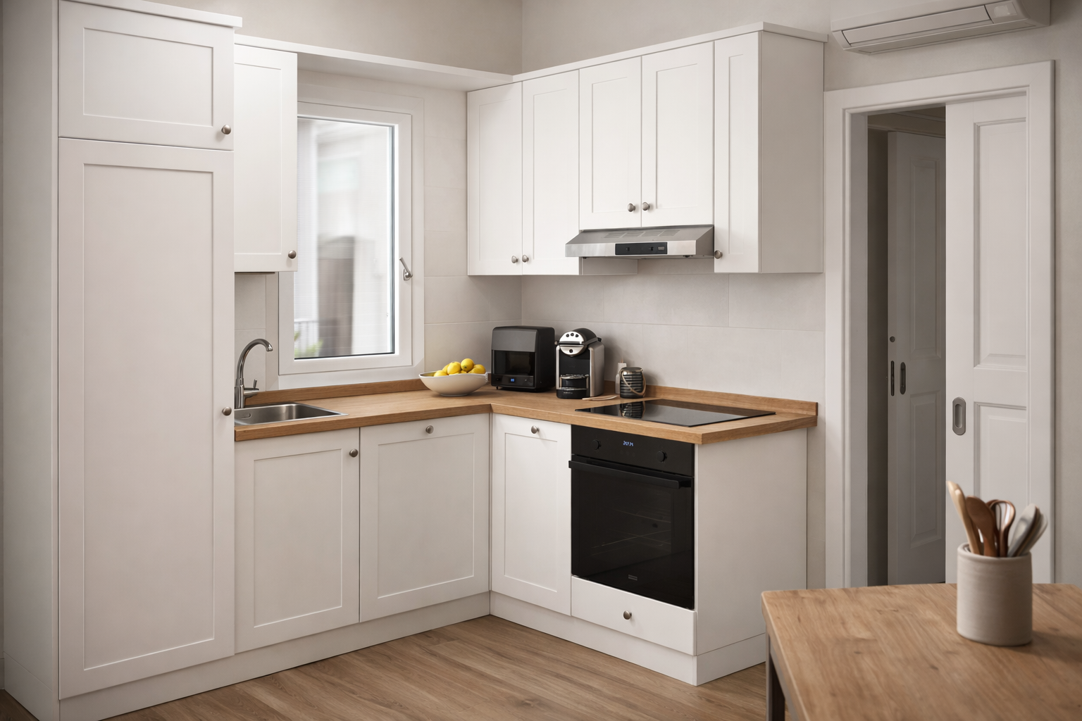 Cucina bianca con piano in rovere